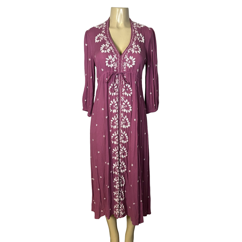 Free People Dress Womens XS Purple Floral Embroidered Maxi Boho Festival